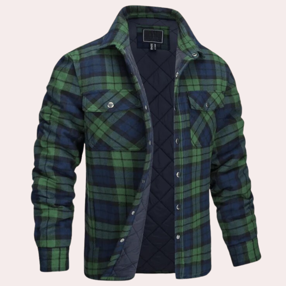 Men's quilted flannel shirt jacket relaxed fit button closure chest pockets casual warmth