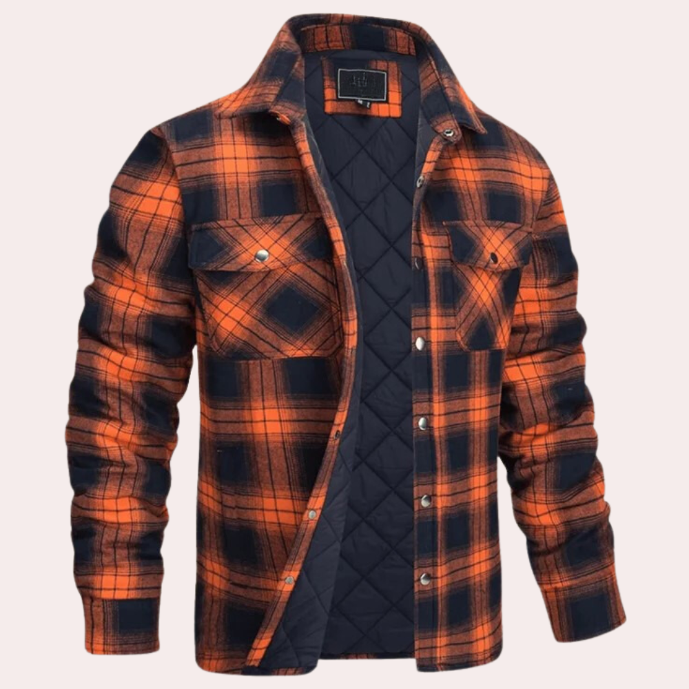 Men's quilted flannel shirt jacket relaxed fit button closure chest pockets everyday warmth