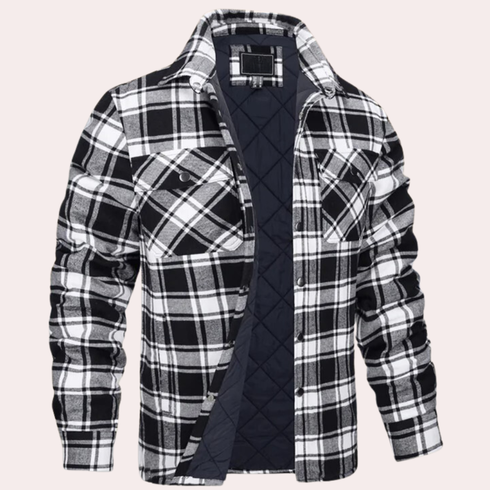 Men's quilted flannel shirt jacket relaxed fit button closure chest pockets casual warmth