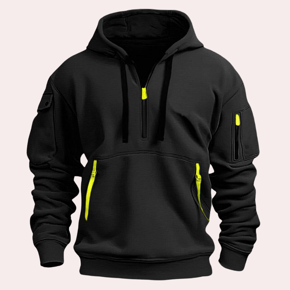 Men's relaxed-fit half-zip hoodie with adjustable hood and zipper pockets for fall layering