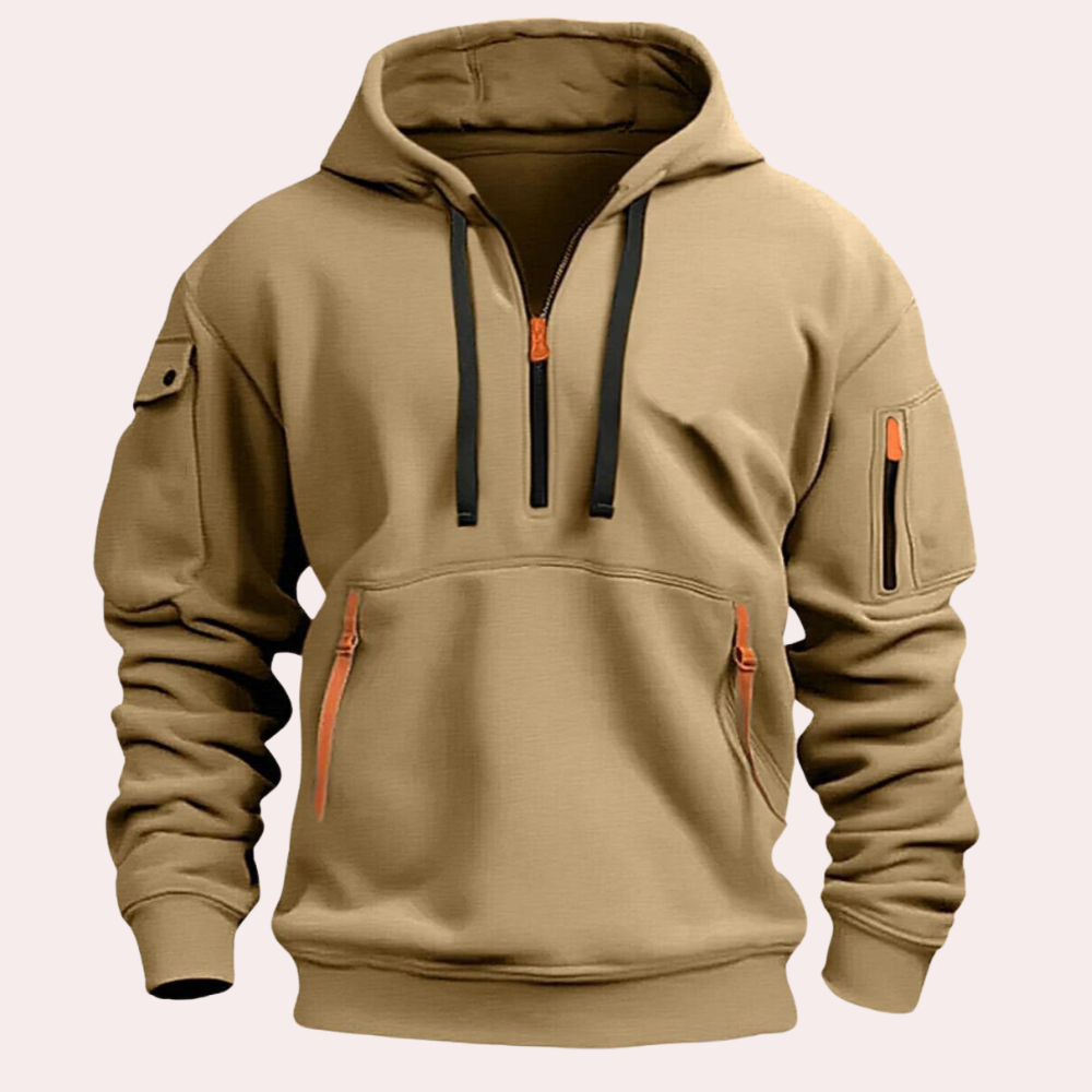 Men's relaxed fit half-zip hoodie with adjustable hood and zipper pockets for fall layering