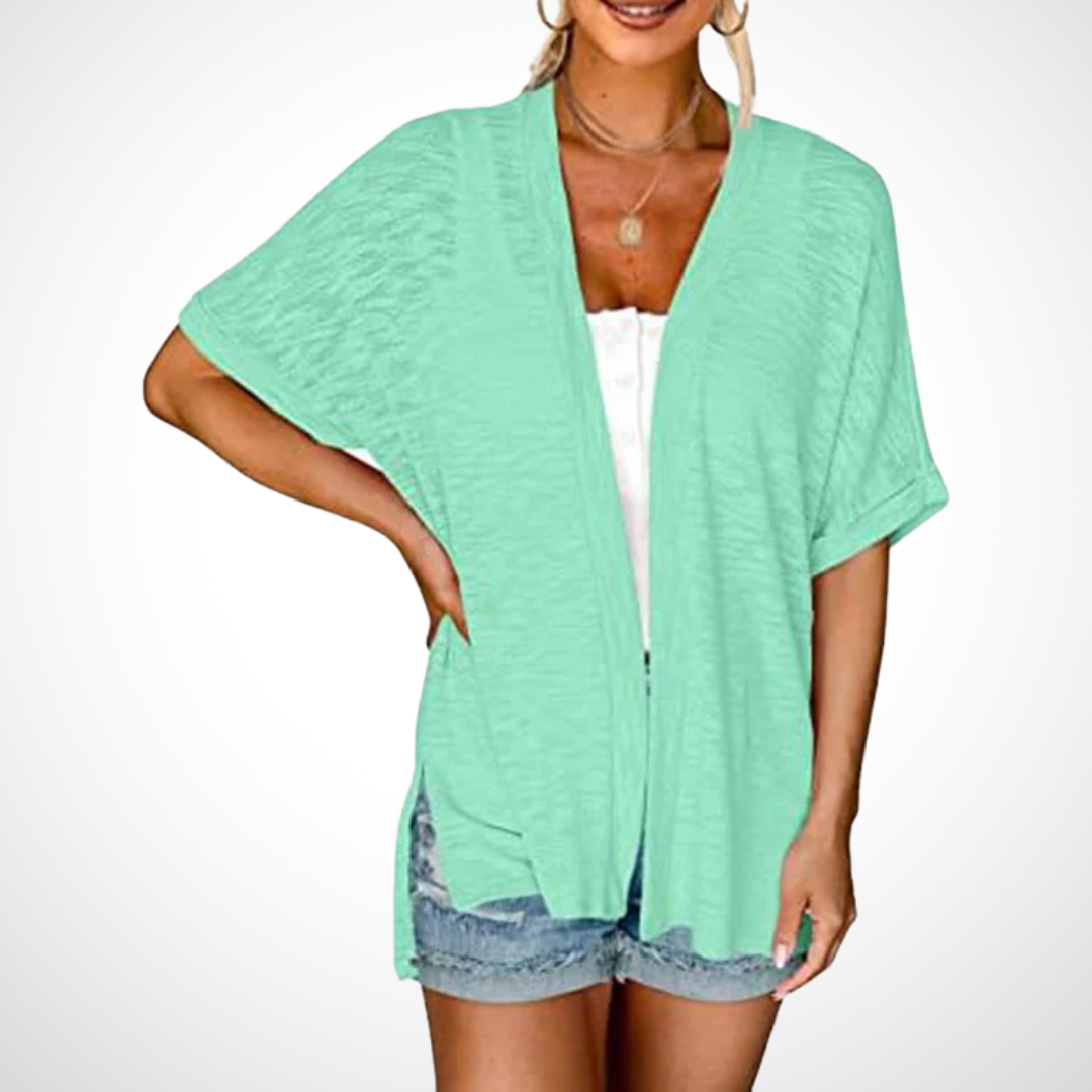 Stylish flowy short sleeve cardigan lightweight open-front draped silhouette for women