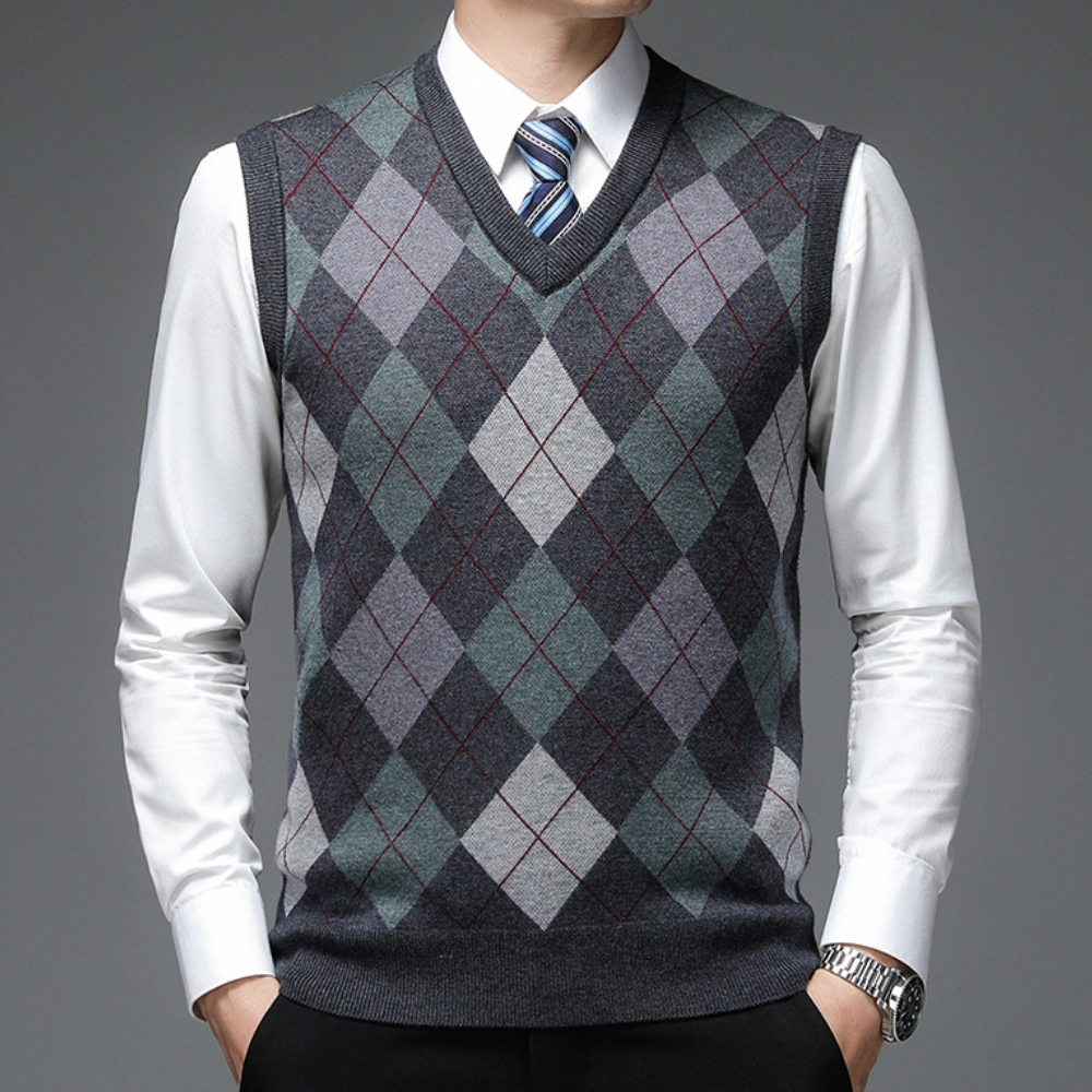 Men's argyle knitted sweater vest V-neck tailored fit versatile casual formal layering piece