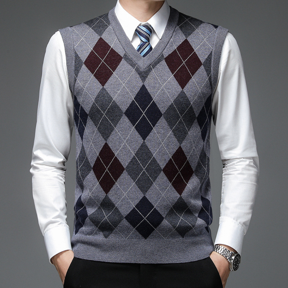 Men's knitted argyle sweater vest V-neck tailored fit versatile casual formal style