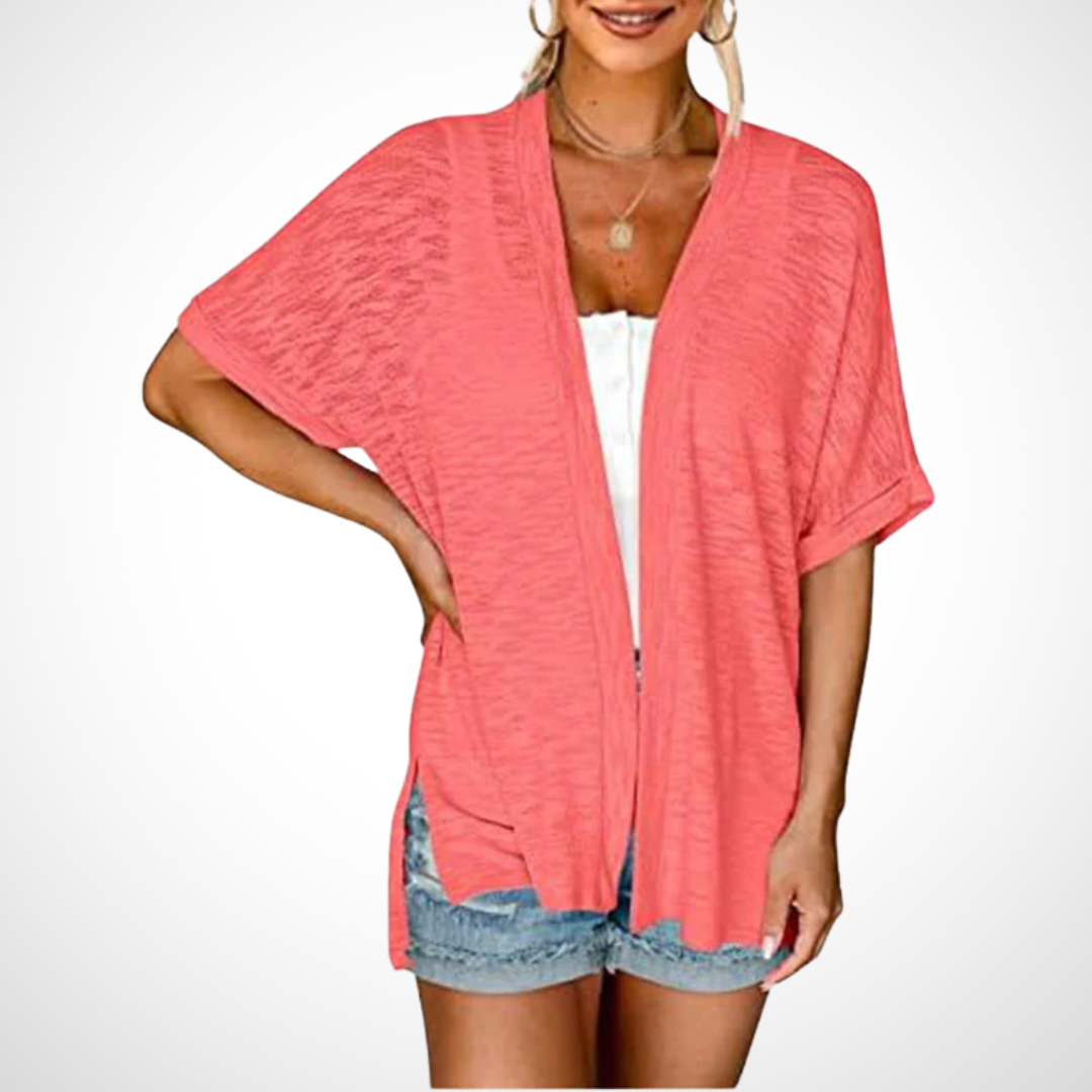 Flowy short sleeve cardigan lightweight elegant drape flattering silhouette versatile layering piece