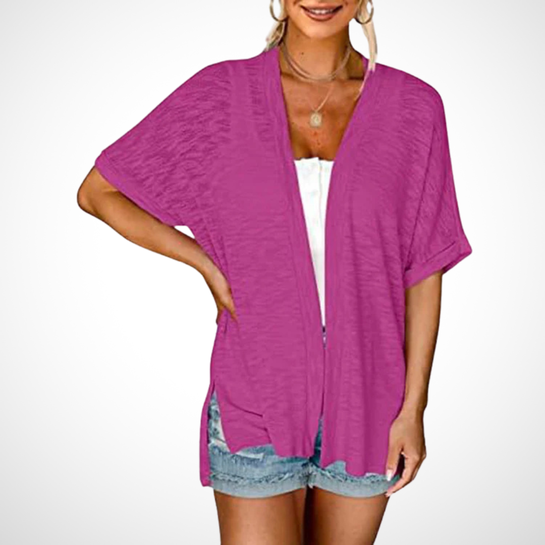 Flowy short sleeve cardigan lightweight elegant drape silhouette versatile layering piece for warm days