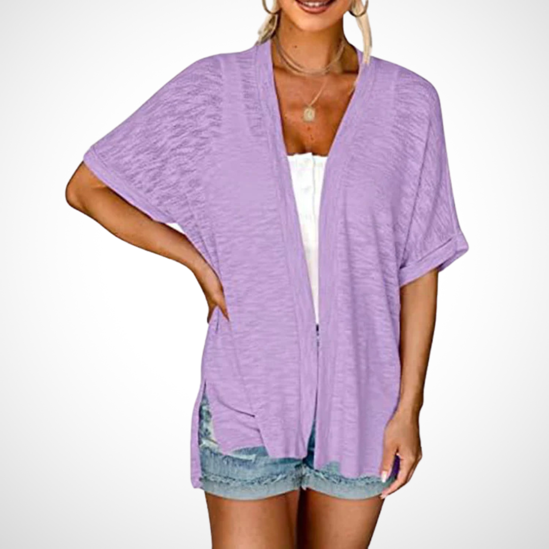 Flowy short sleeve cardigan lightweight elegant drape flattering silhouette warm weather layer