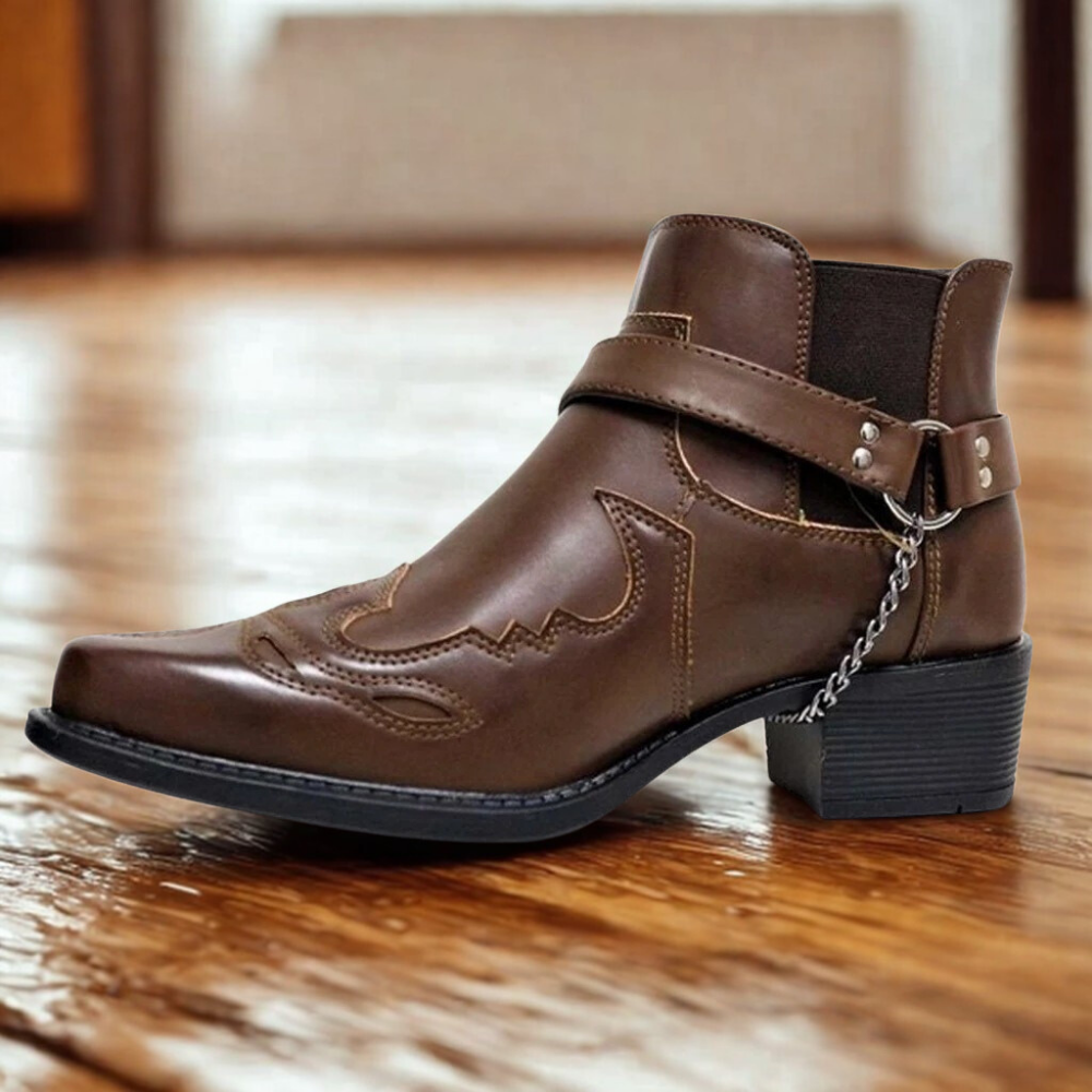 Men's brown faux leather ankle boot pointed toe block heel decorative buckle chain detail
