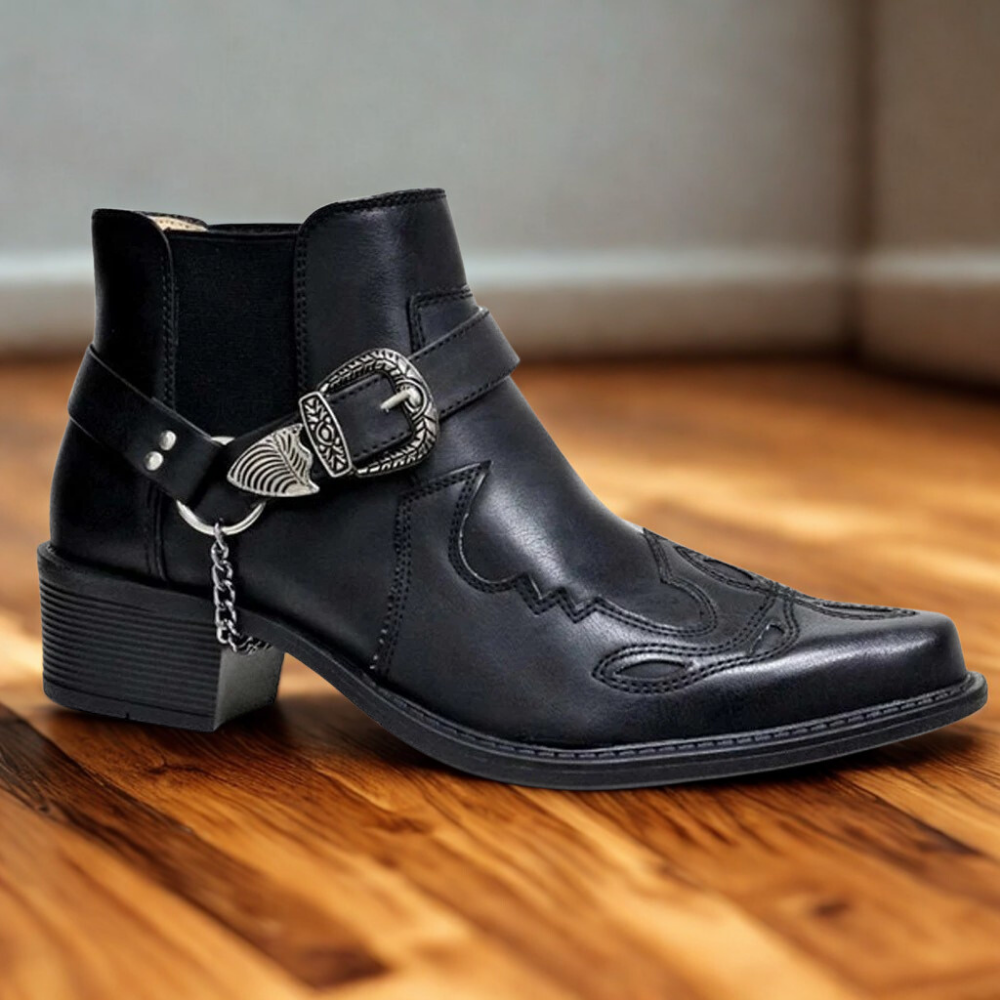 Men's brown faux leather ankle boot pointed toe block heel decorative buckle chain detail