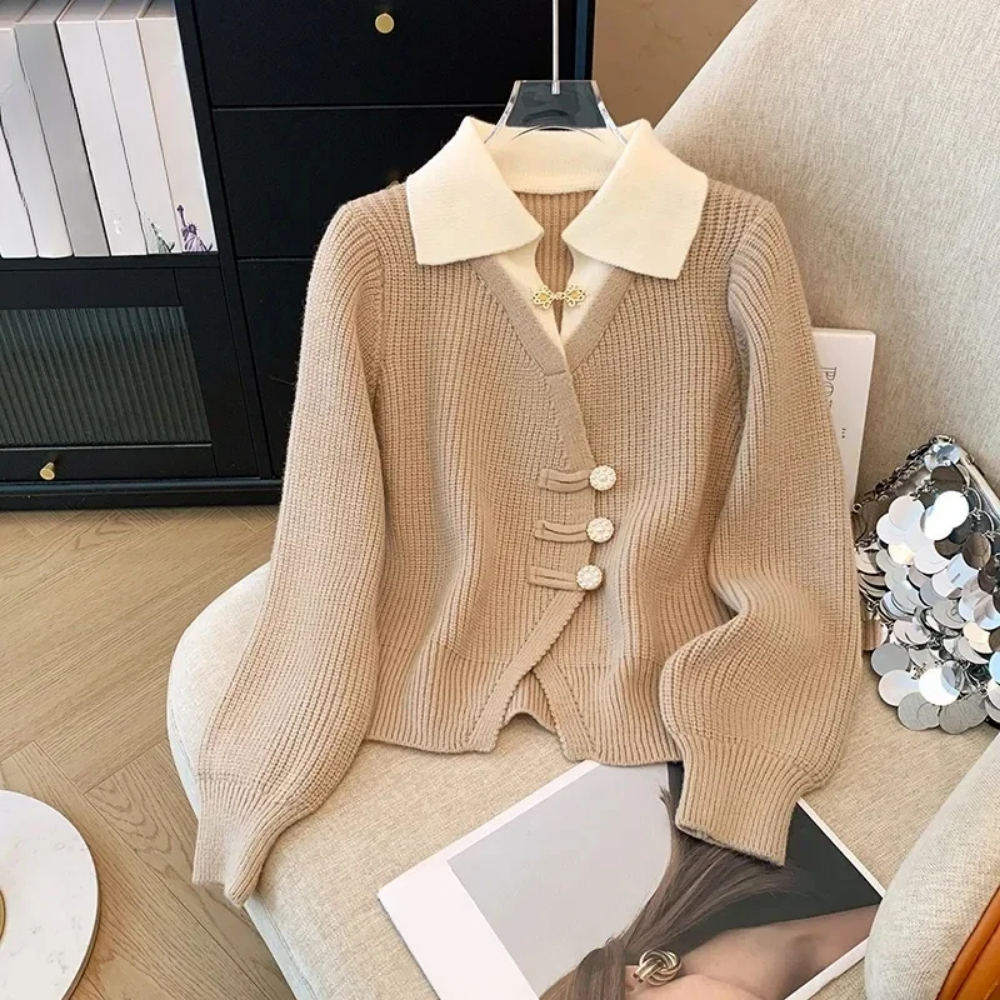 Women's relaxed fit V-neck knit cardigan with long puff sleeves and asymmetrical front hem