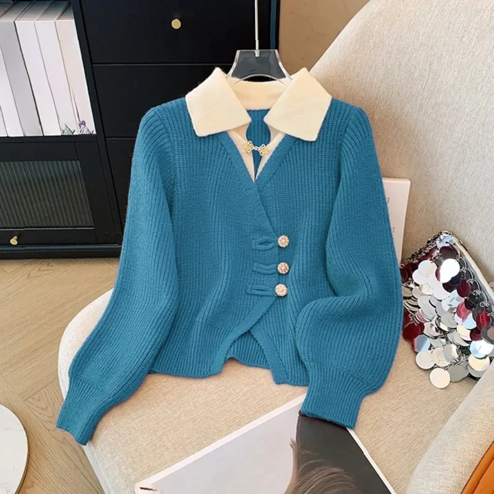 Women's relaxed-fit V-neck knit cardigan with long puff sleeves and asymmetrical front hem
