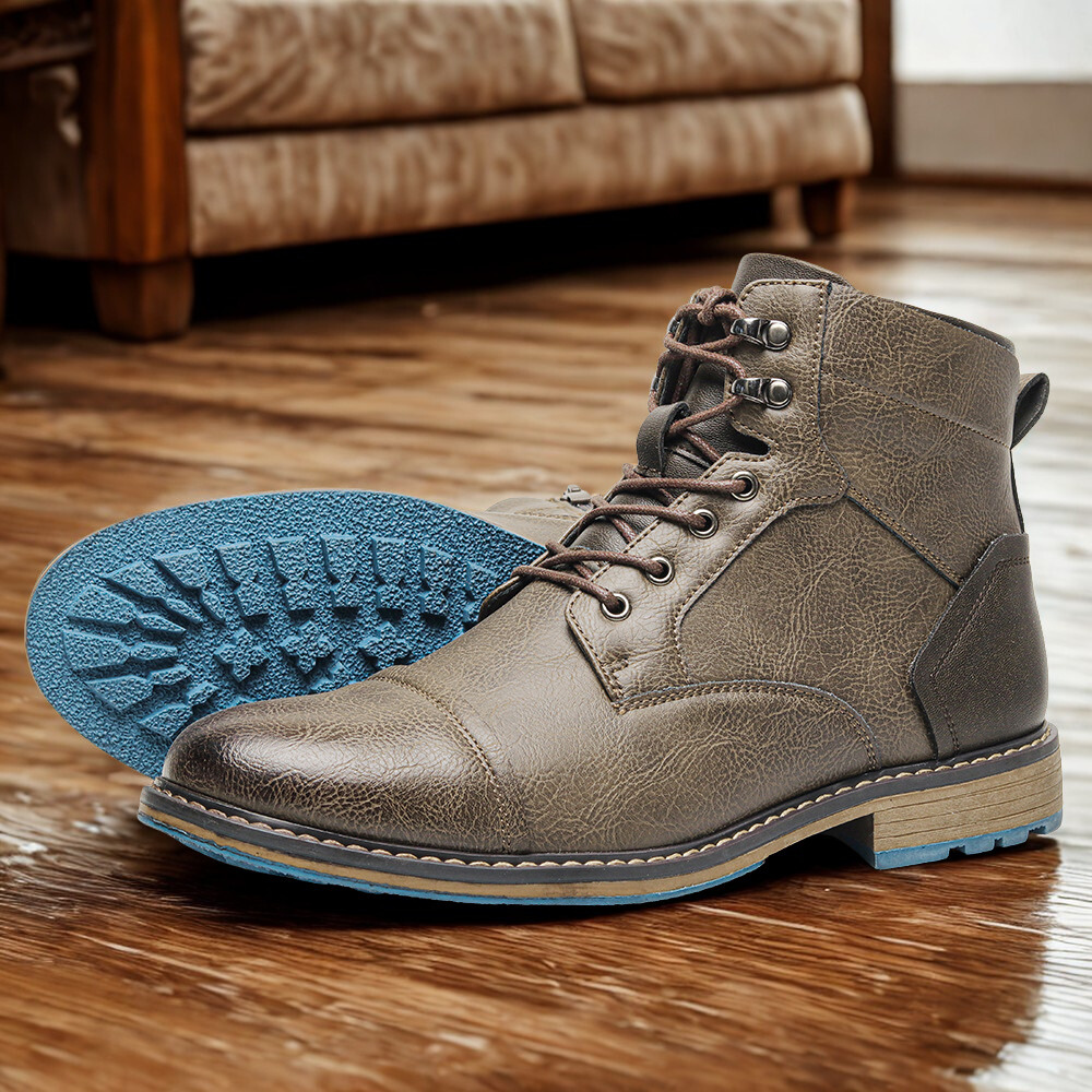 Men's brown leather cap toe lace-up boots with side zip and padded ankle collar for everyday wear