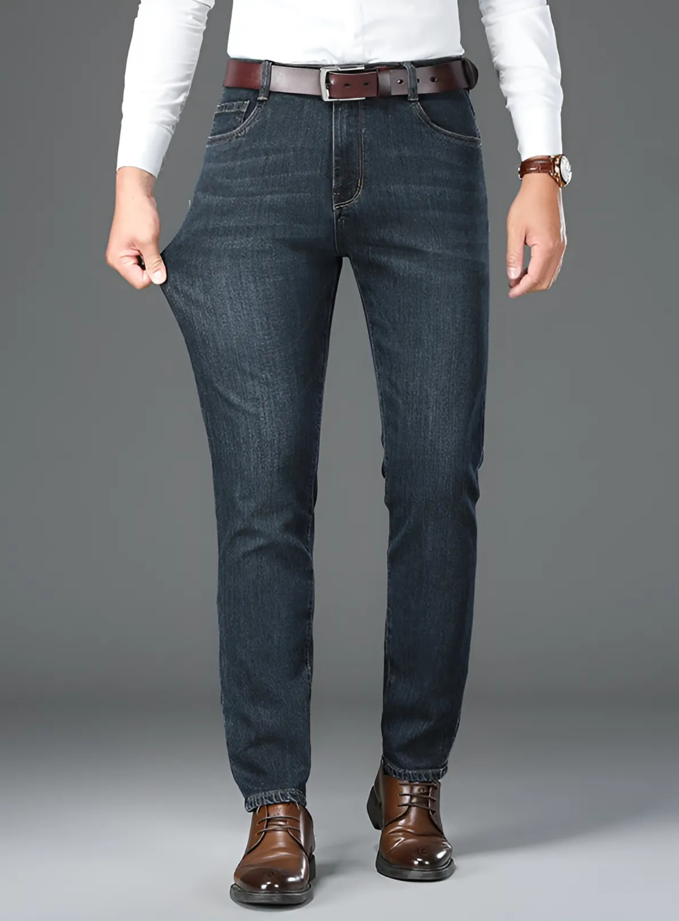 Men's denim blend straight-leg pants mid-rise waistband smart casual everyday comfort fit