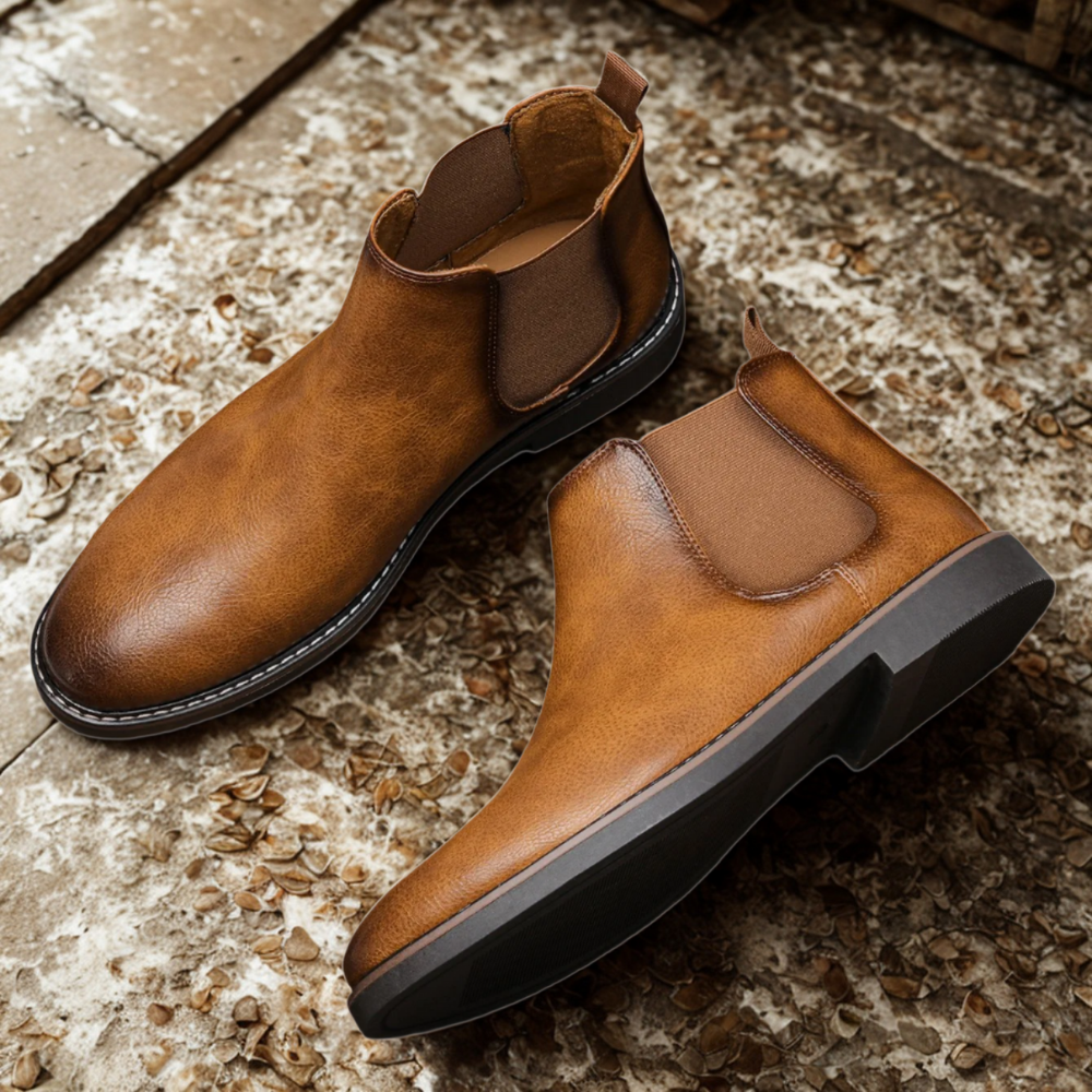 Men's brown leather Chelsea boots almond toe elastic side gussets low block heel sleek silhouette