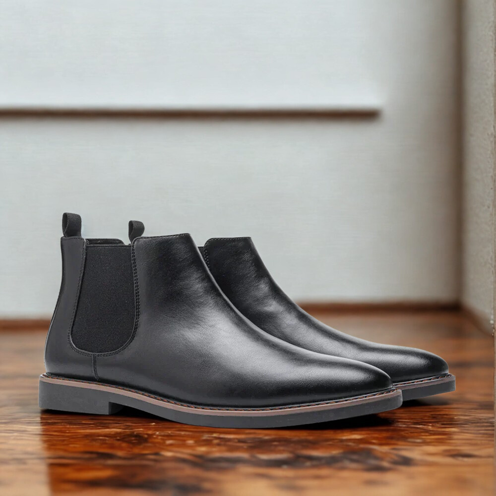 Men's brown leather Chelsea boots almond toe elastic side gussets low block heel sleek silhouette
