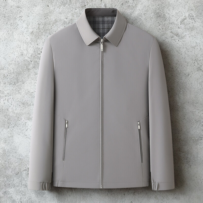 Men's regular fit zip-up jacket with spread collar and plaid lined interior for everyday warmth