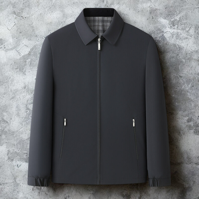 Men's regular fit zip-up jacket with spread collar and plaid lined interior for everyday warmth