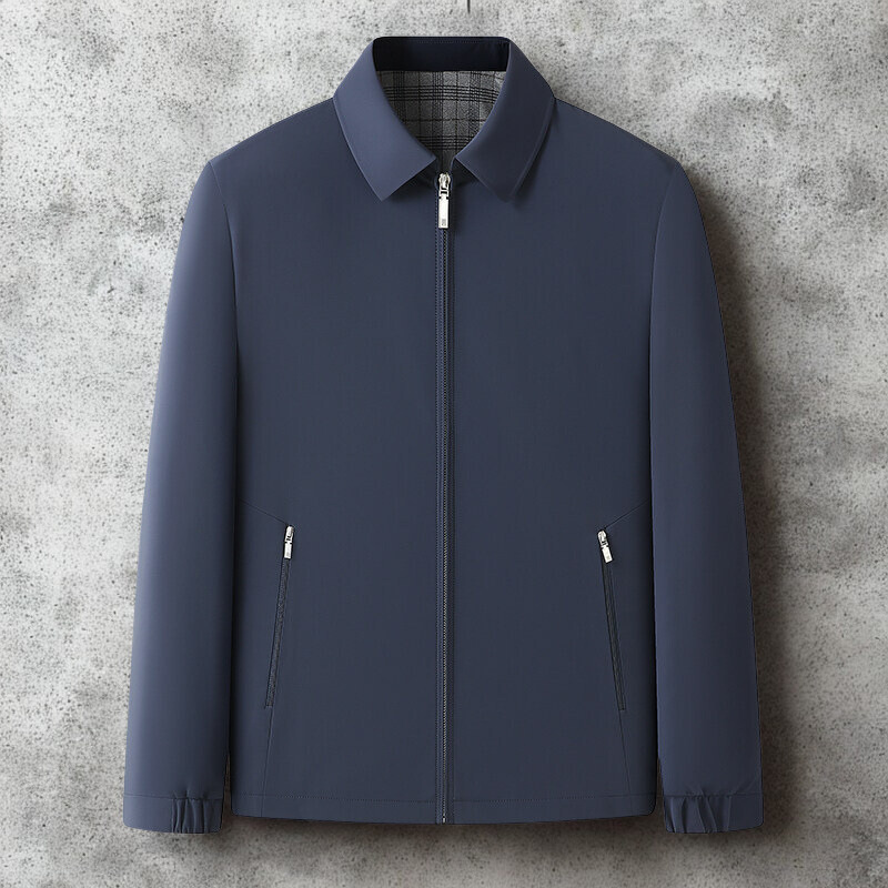 Men's regular fit zip-up jacket with spread collar and plaid lined interior for everyday warmth