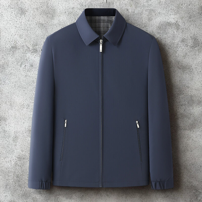 Men's regular fit zip-up jacket with spread collar and plaid lined interior for everyday warmth