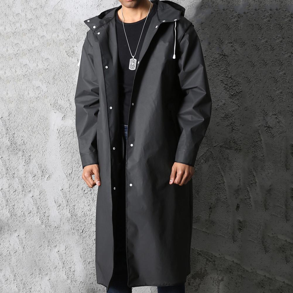 Men's black oversized ankle-length waterproof raincoat with hood and button closure PU leather exterior