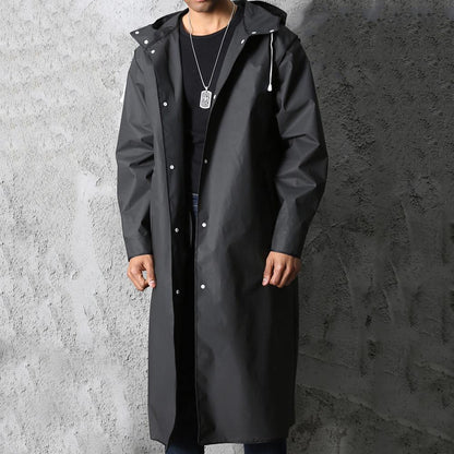 Men's black oversized ankle-length waterproof raincoat with hood and button closure PU leather exterior
