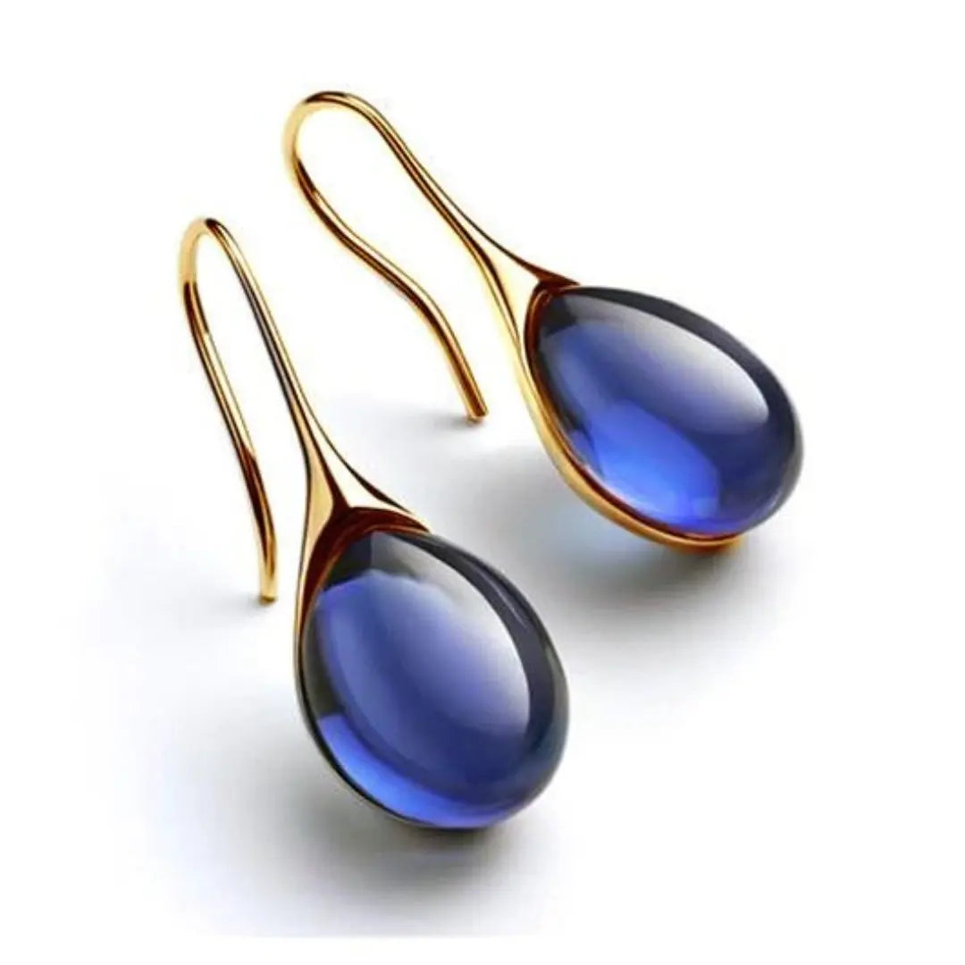 Denise gold-plated teardrop earrings with amber resin centerpiece, minimalist elegant jewelry