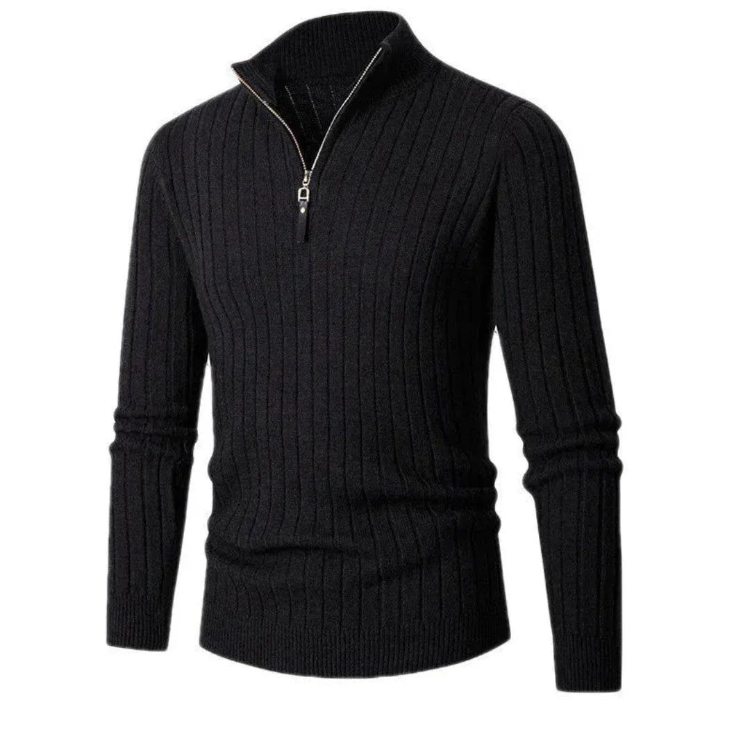 Caden slim-fit ribbed sweater with half-zip closure, modern unisex winter style