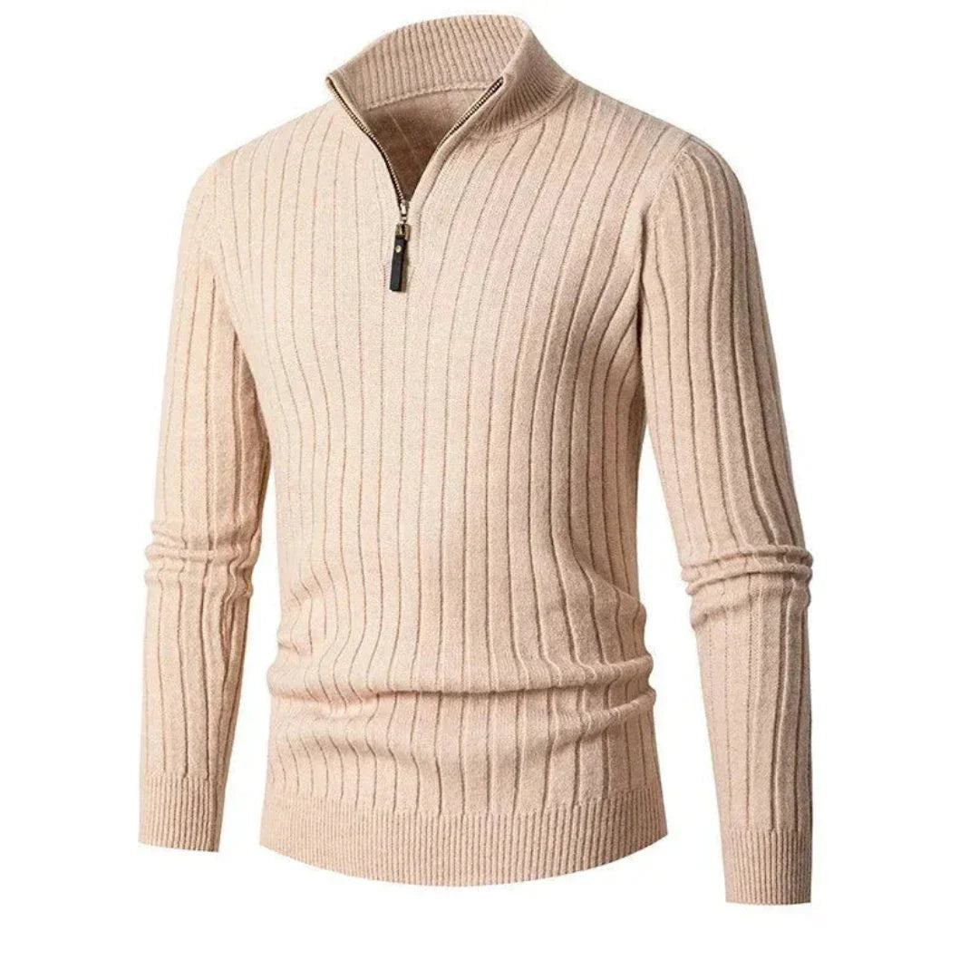 Caden slim fit ribbed sweater with half-zip closure in neutral tone, modern unisex winter style