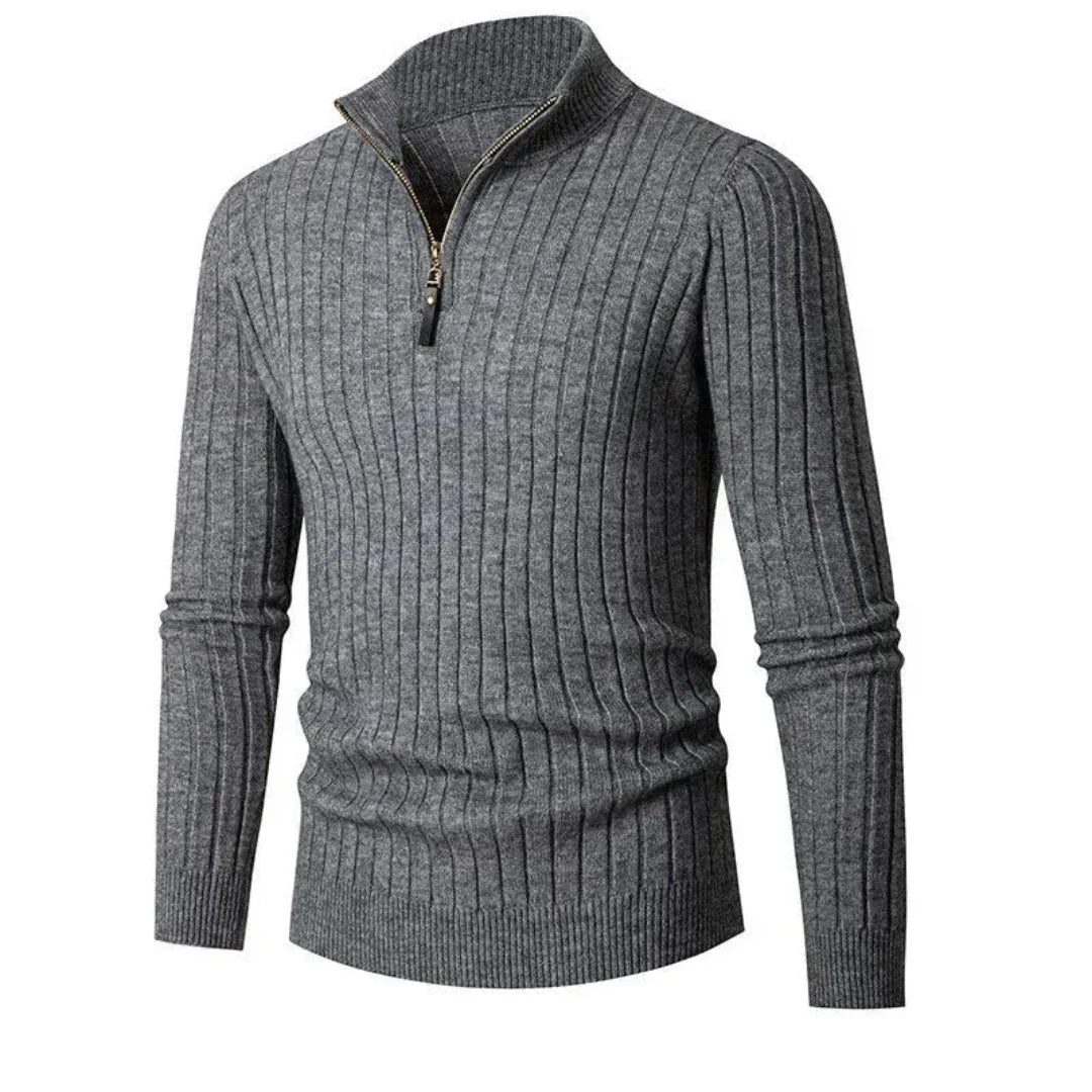 Caden slim-fit ribbed half-zip sweater in neutral tone with adjustable zip neckline