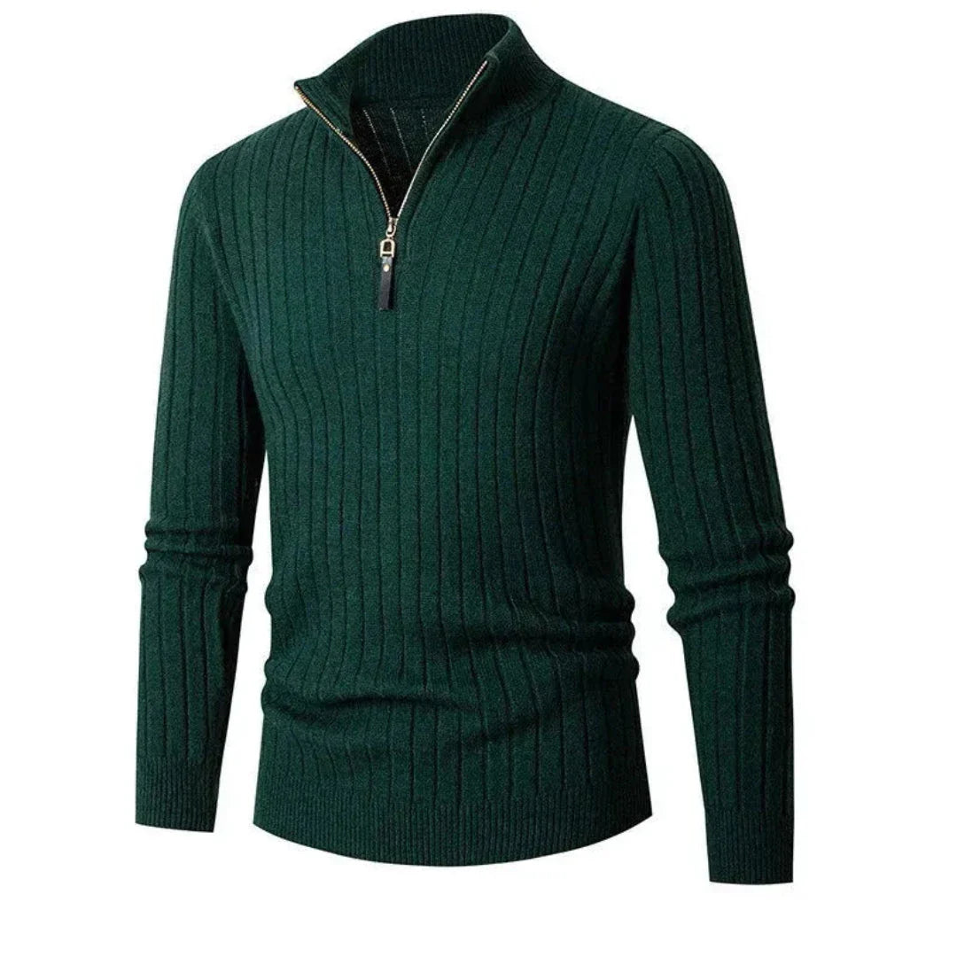 Caden slim fit ribbed sweater with half-zip closure in neutral winter tones