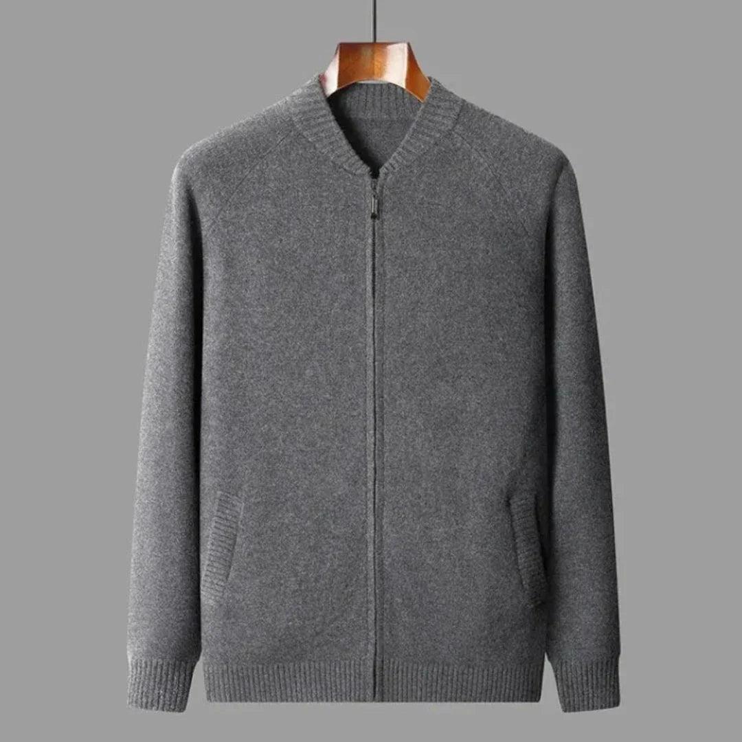 Cain unisex full-zip wool sweater in neutral tone, timeless layering silhouette with versatile casual-refined style