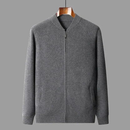 Cain unisex full-zip wool sweater in neutral tone, timeless layering silhouette with versatile casual-refined style