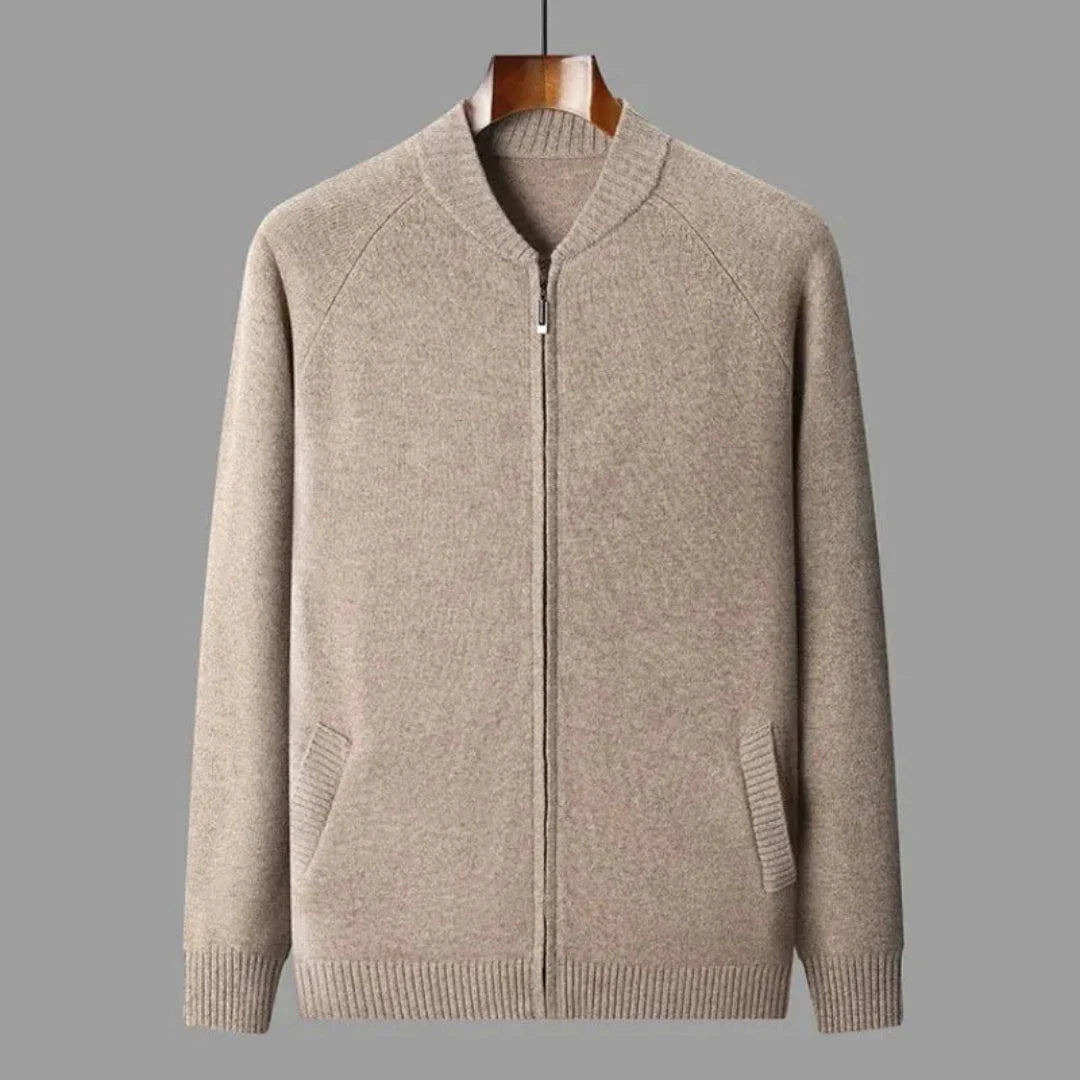 Cain unisex full-zip wool sweater in neutral tone, relaxed layering silhouette with versatile casual-to-refined style