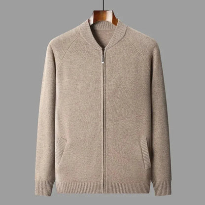 Cain unisex full-zip wool sweater in neutral tone, relaxed layering silhouette with versatile casual-to-refined style