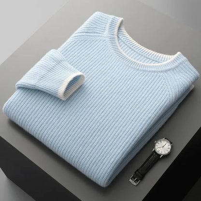 Cal ribbed crewneck wool sweater in pastel tone with raglan sleeves and relaxed fit