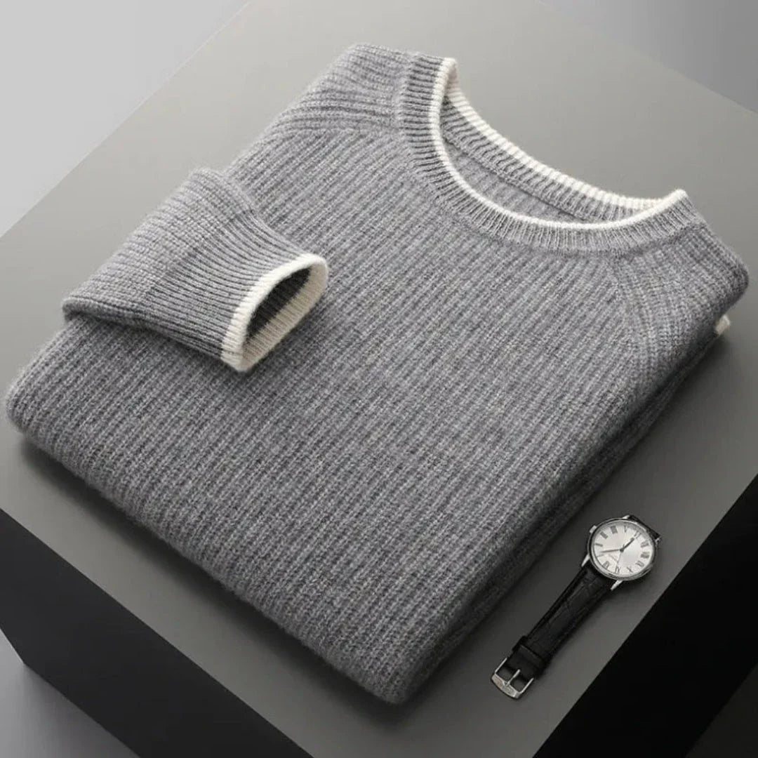Cal ribbed crewneck wool sweater in pastel tone with raglan sleeves and relaxed fit