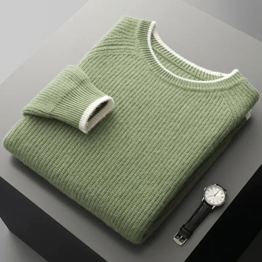 Cal ribbed crewneck wool sweater in pastel tone with raglan sleeves and relaxed fit