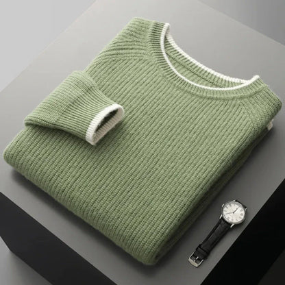 Cal ribbed crewneck wool sweater in pastel tone with raglan sleeves and relaxed fit