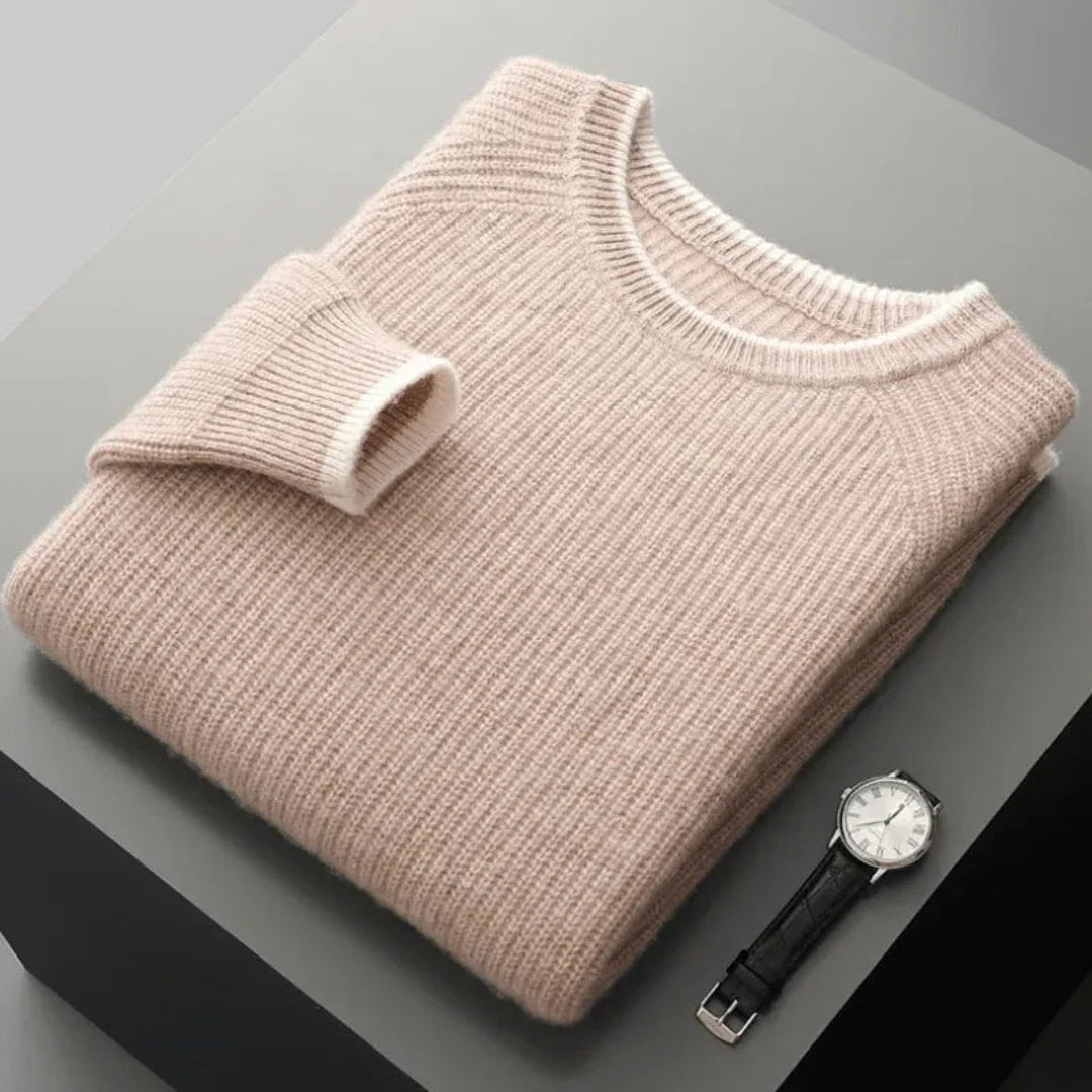 Cal ribbed crewneck wool sweater in pastel tone with raglan sleeves and relaxed fit