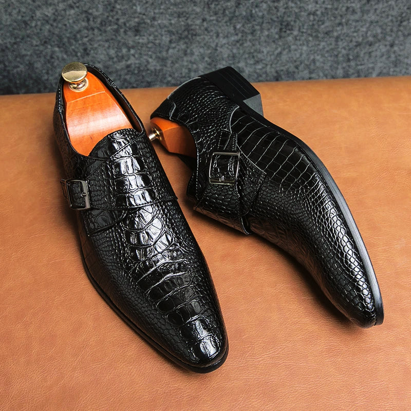 Men's black crocodile-pattern formal shoes with sleek pointed toe, retro-inspired design