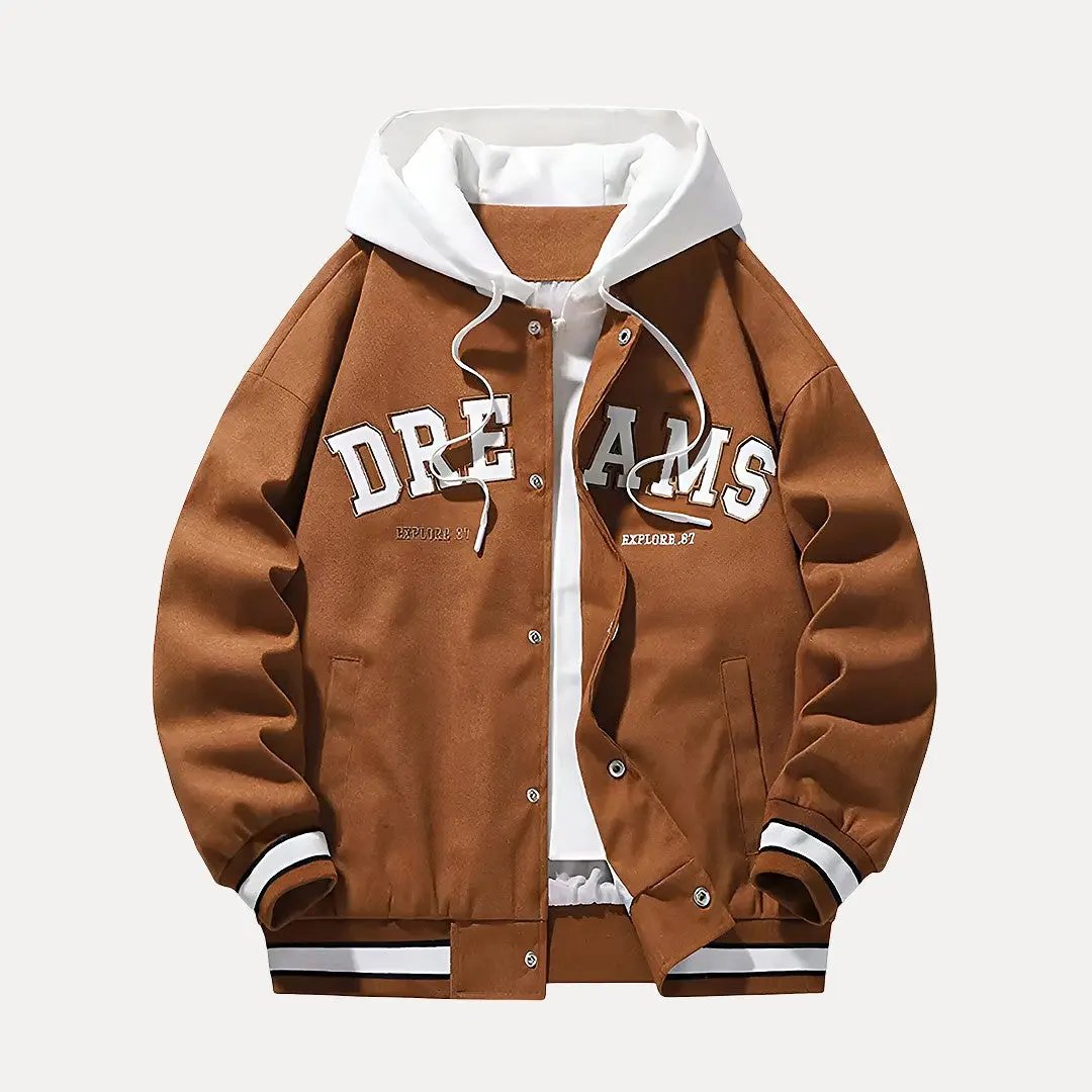 Black hooded baseball varsity jacket with classic contrast sleeves and modern hood detail for casual wear