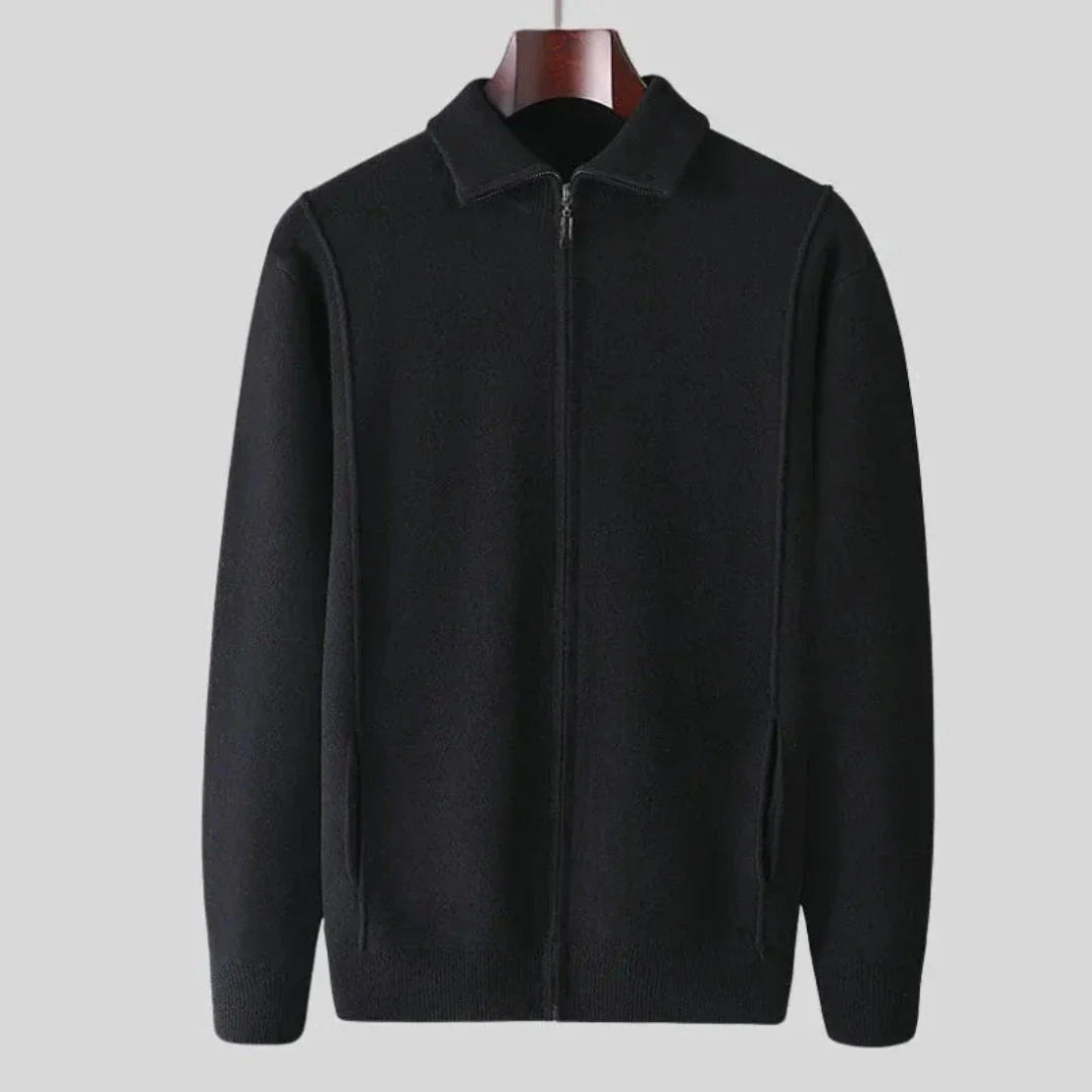 Men's full-zip wool sweater in fine-knit with tailored ribbed trim and side pockets