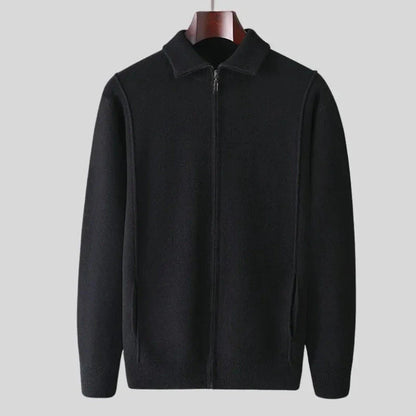 Men's full-zip wool sweater in fine-knit with tailored ribbed trim and side pockets
