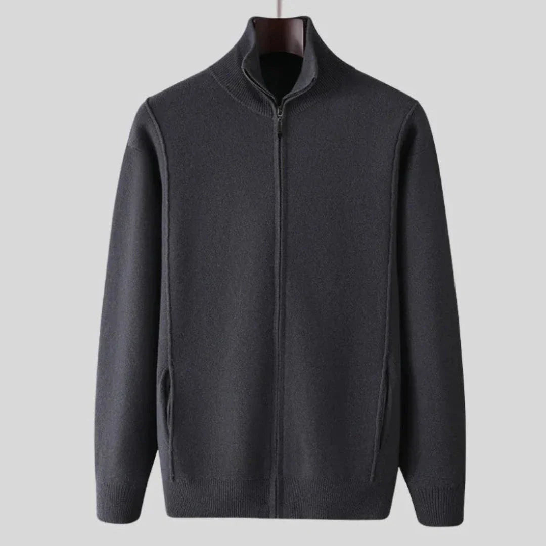 Men's full-zip wool sweater in fine-knit texture with tailored ribbed trim and side pockets