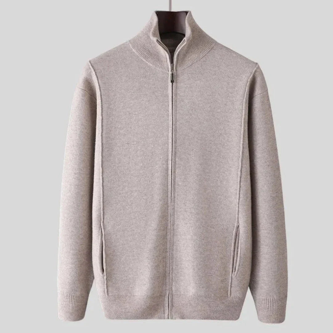 Men's full-zip wool sweater in neutral tone, fine-knit texture with tailored ribbed trim