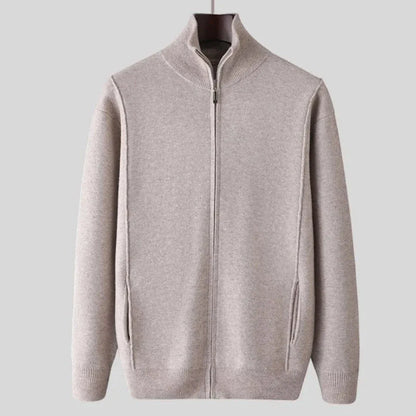 Men's full-zip wool sweater in neutral tone, fine-knit texture with tailored ribbed trim