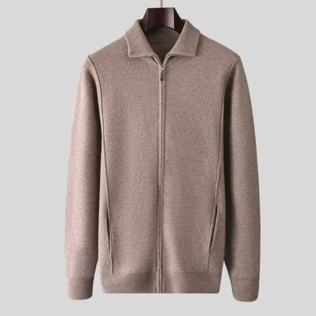 Men's full-zip wool sweater in neutral tone, fine-knit texture with tailored ribbed trim