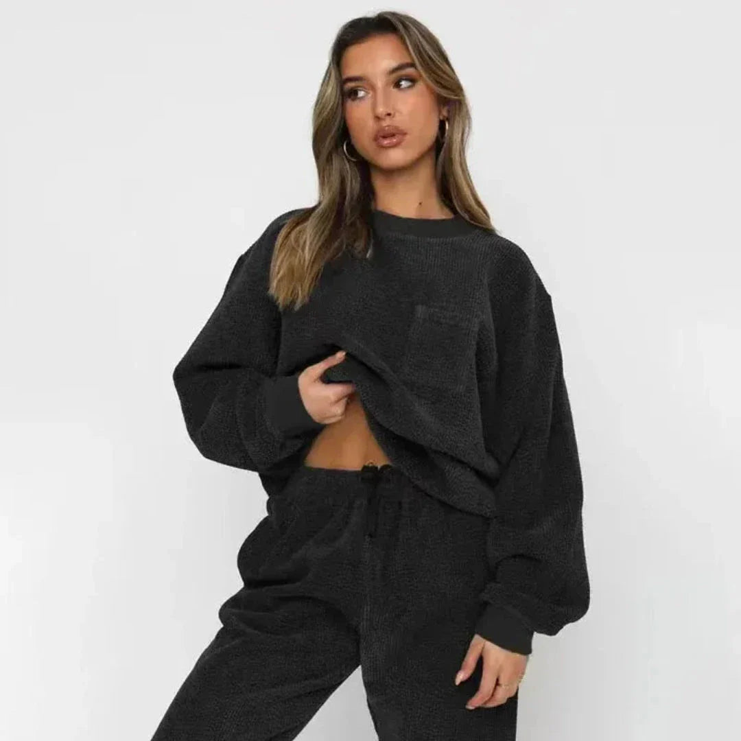 Camel corduroy oversized loungewear set with long-sleeve top, chest pocket, and matching drawstring joggers