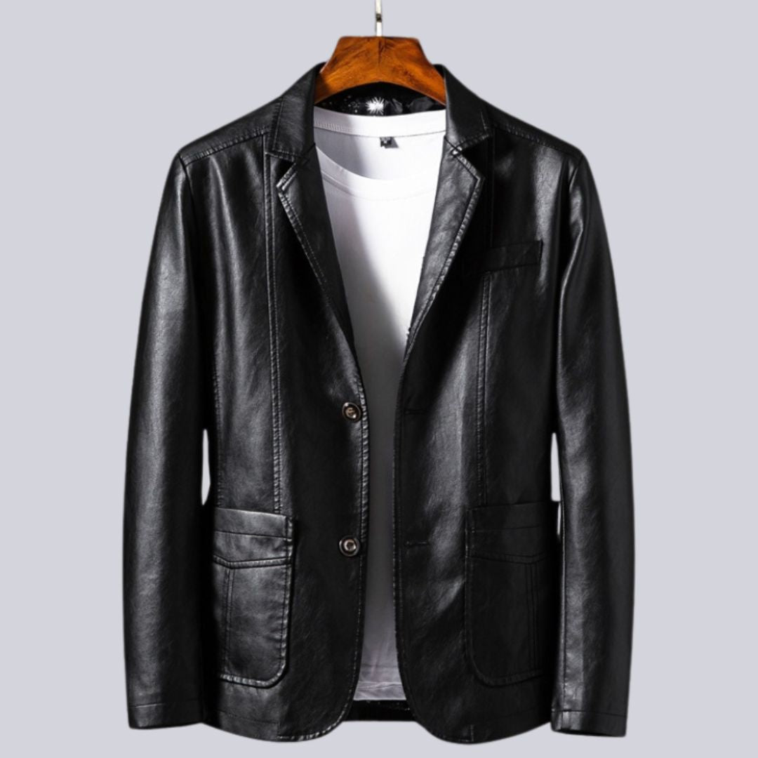 Men's black faux leather tailored jacket with classic turn-down collar and refined grain finish