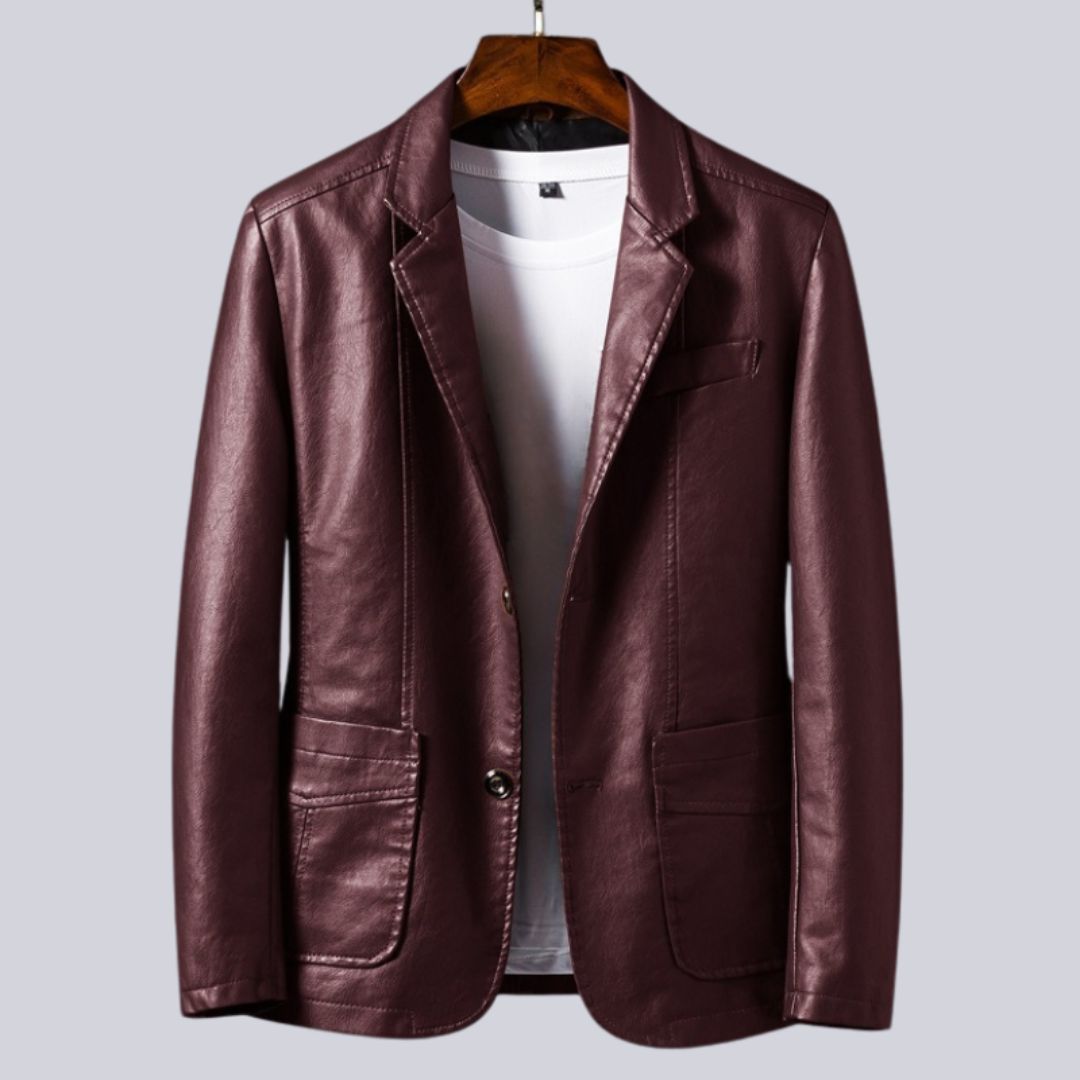 Men's black faux leather tailored jacket with classic turn-down collar and refined grain finish